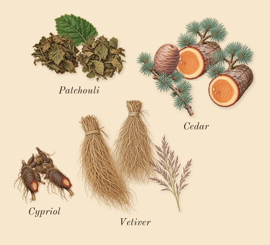 K, dry-down: Cedar, Patchouli, Vetiver, Cypriol