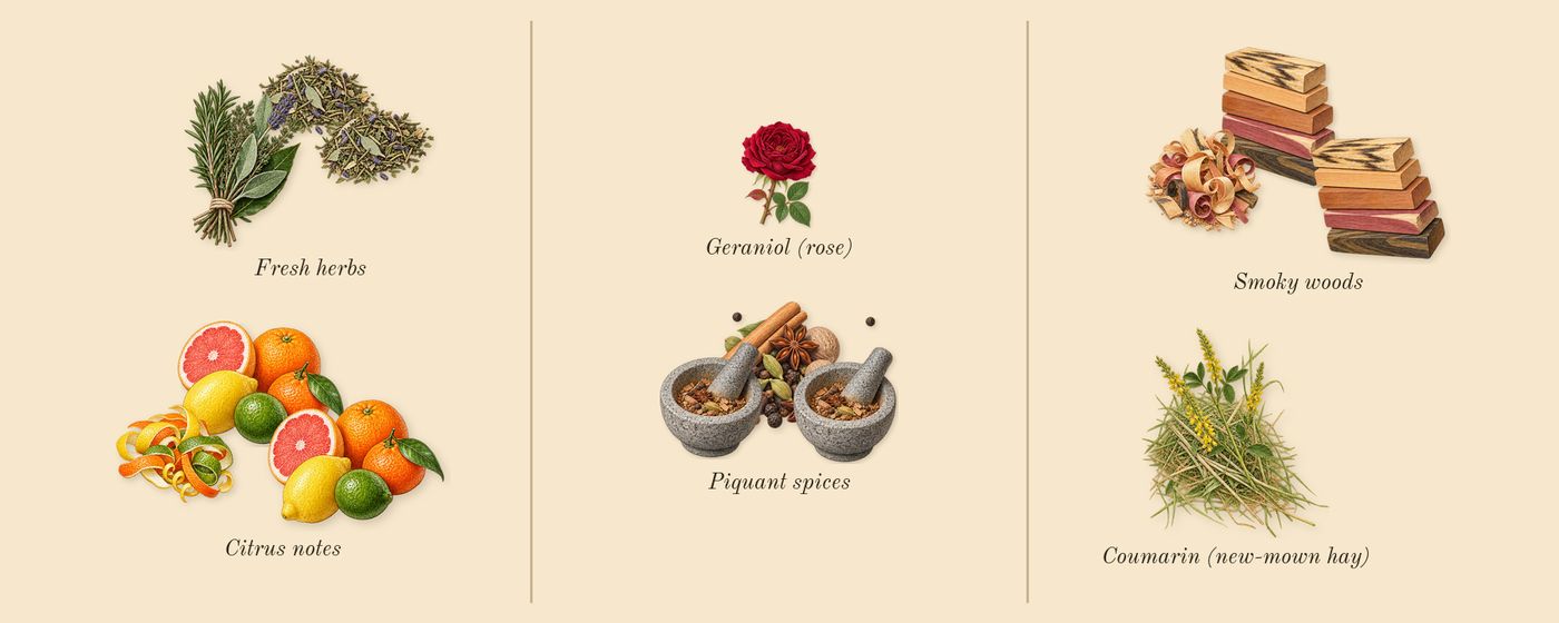 Pour Homme’s scent picture, a draft: citrus notes, fresh herbs, piquant spices, smoky woods, coumarin (new-mown hay), geraniol (rose) drawn so far; dashed outlines where nothing is drawn yet