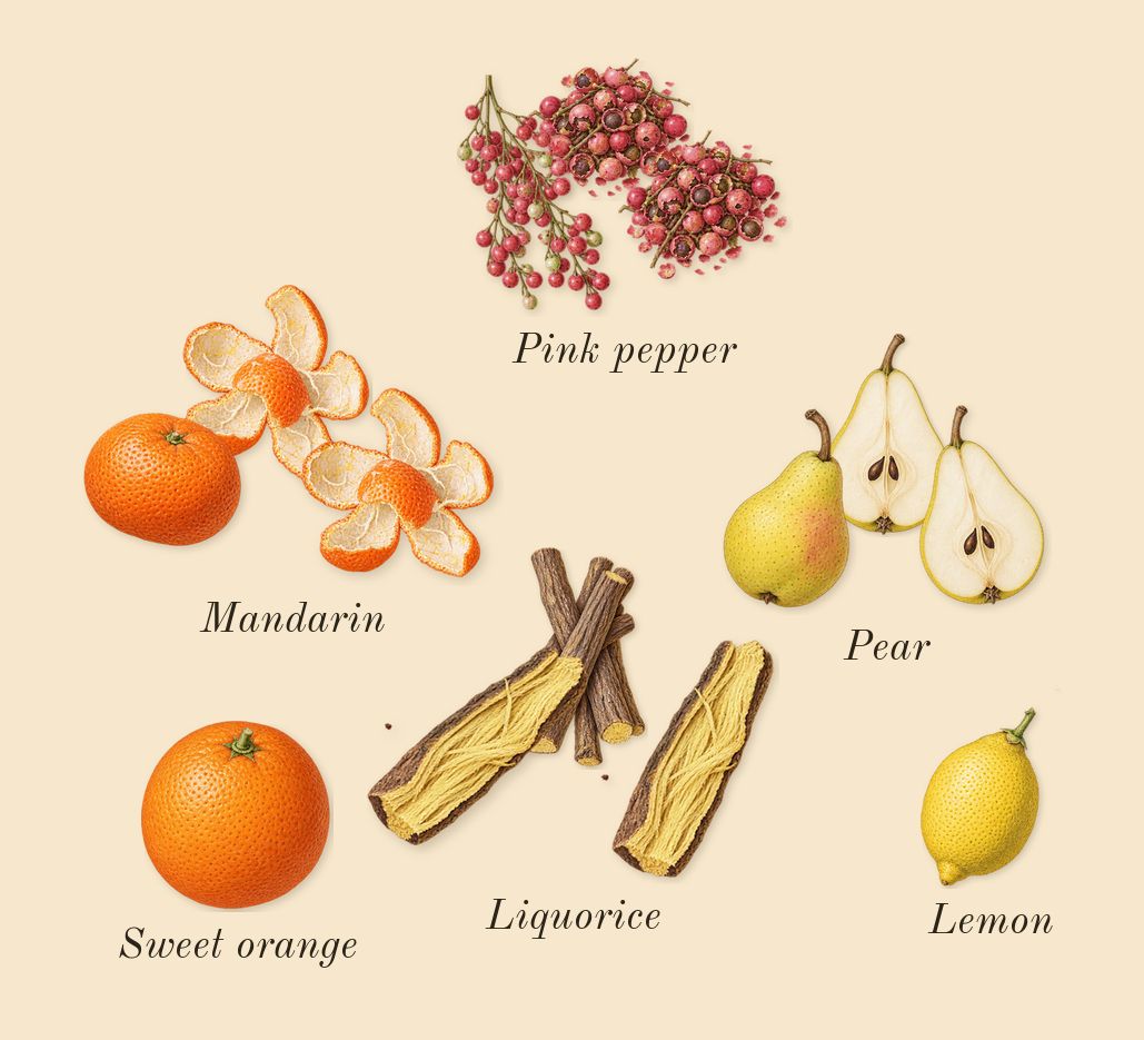 Ambery Vanilla, top notes: Mandarin, Pear, Pink pepper, Liquorice, Lemon, Sweet orange