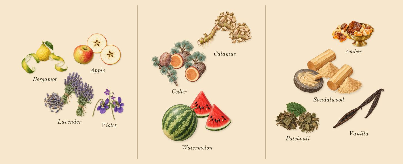 Nitro Red’s scent picture, a draft: bergamot, lavender, apple, watermelon, cedar, calamus drawn so far; dashed outlines where nothing is drawn yet