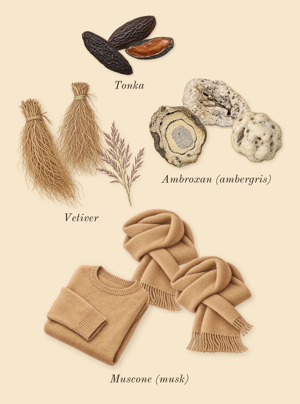 Escentric 02, dry-down: Muscone (musk), Ambroxan (ambergris), Vetiver, Tonka