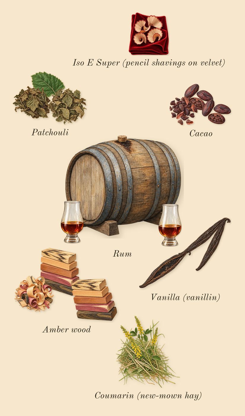 Story of Your Life, dry-down: Rum, Vanilla (vanillin), Amber wood, Cacao, Patchouli, Iso E Super (pencil shavings on velvet), Coumarin (new-mown hay)