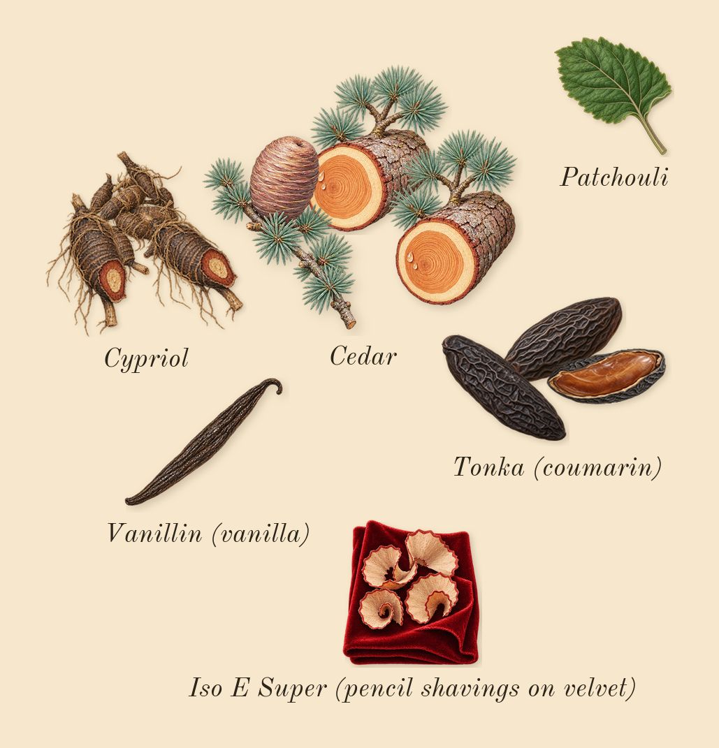 Uruk Chronicles, dry-down: Tonka (coumarin), Cypriol, Cedar, Patchouli, Iso E Super (pencil shavings on velvet), Vanillin (vanilla)