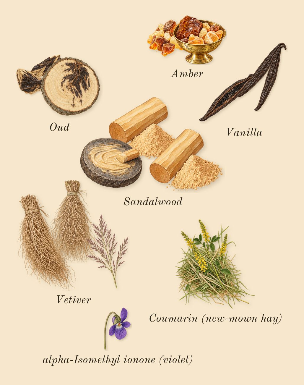 Oud Wonder, dry-down: Vanilla, Vetiver, Oud, Sandalwood, Amber, Coumarin (new-mown hay), alpha-Isomethyl ionone (violet)
