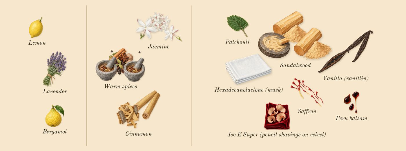 Northern Love’s scent picture, a draft: sandalwood, cinnamon, warm spices, vanilla (vanillin), saffron, jasmine drawn so far; dashed outlines where nothing is drawn yet