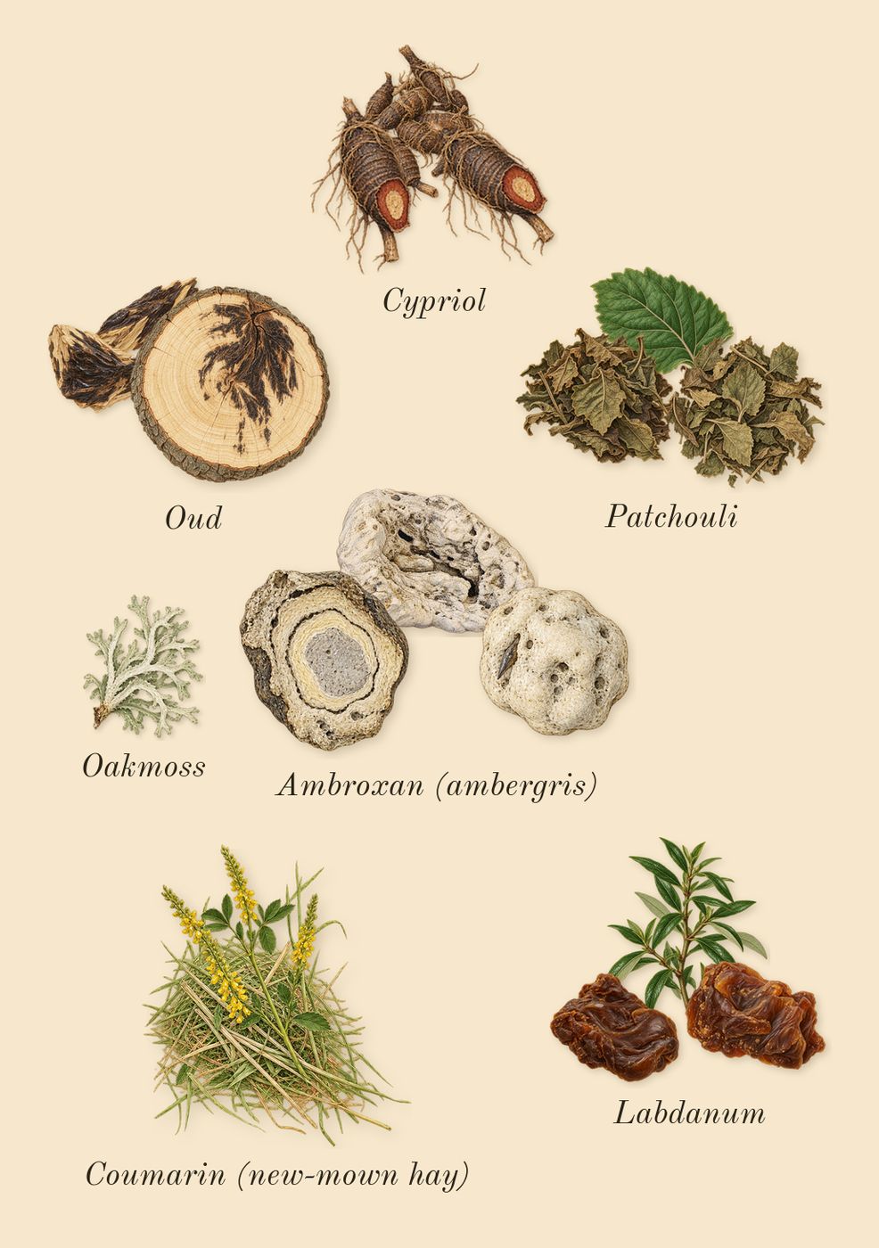 Promise, dry-down: Patchouli, Ambroxan (ambergris), Labdanum, Cypriol, Oud, Oakmoss, Coumarin (new-mown hay)