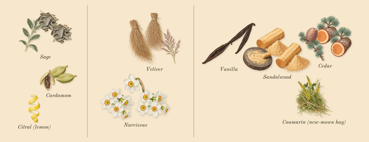 Gentleman Society’s scent picture, a draft: sage, cardamom, narcissus, vetiver, cedar, sandalwood drawn so far; dashed outlines where nothing is drawn yet