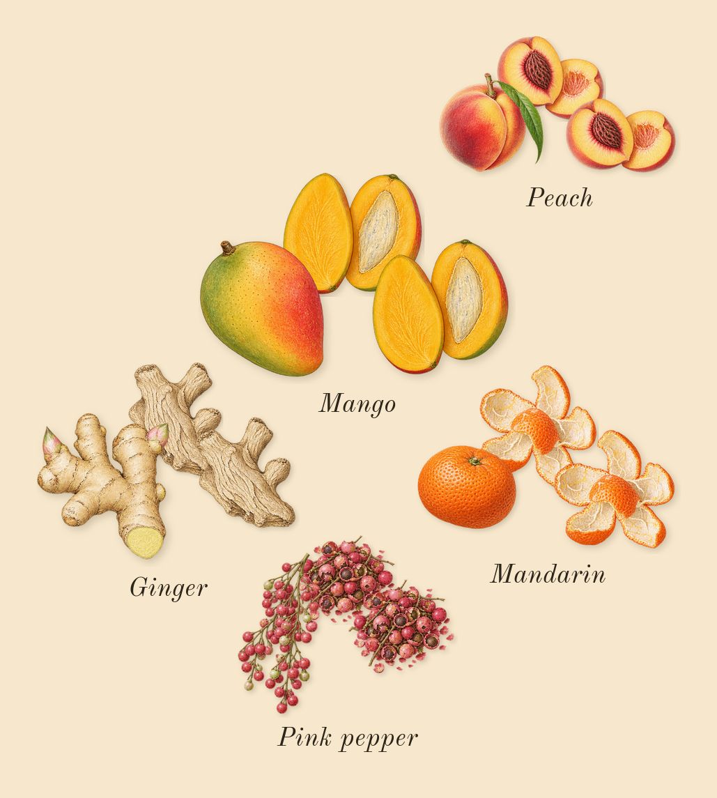 Sunset Hour, top notes: Peach, Mandarin, Mango, Ginger, Pink pepper