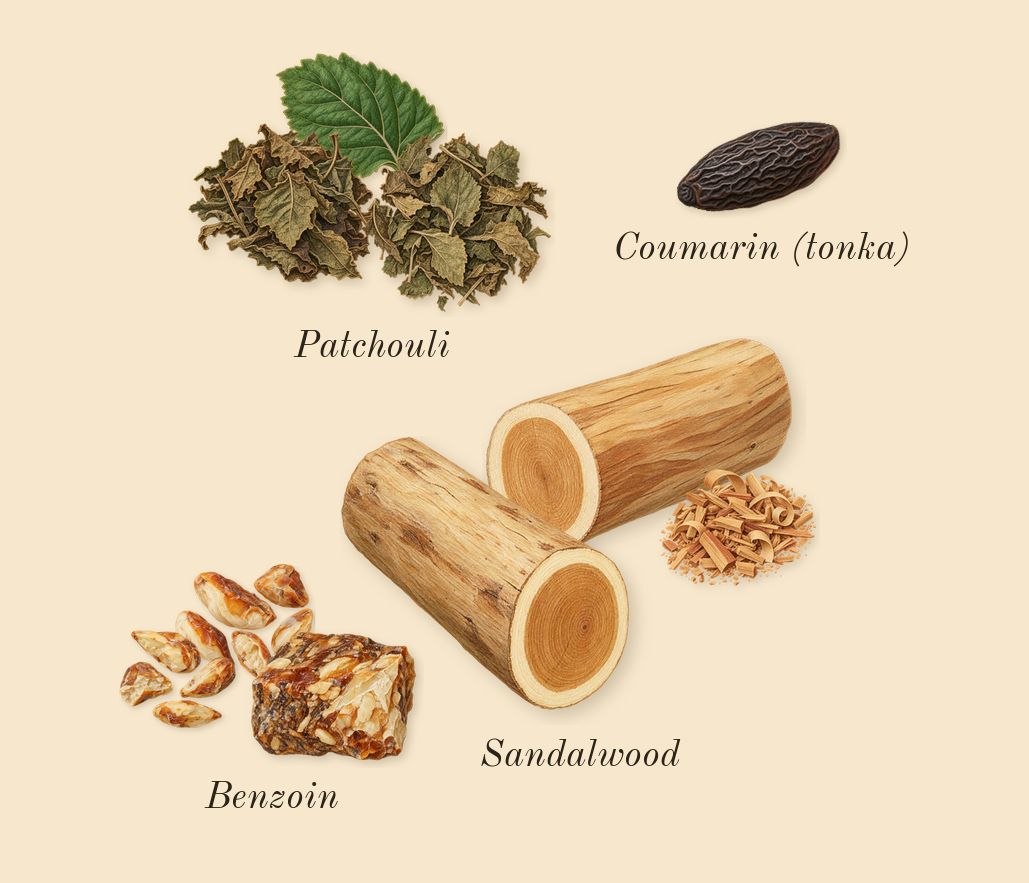Flora Gorgeous Jasmine, dry-down: Sandalwood, Benzoin, Patchouli, Coumarin (tonka)