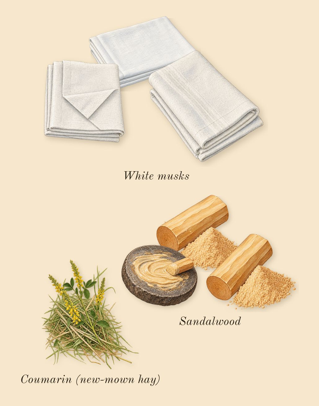 L'Instant Magic, dry-down: White musks, Sandalwood, Coumarin (new-mown hay)