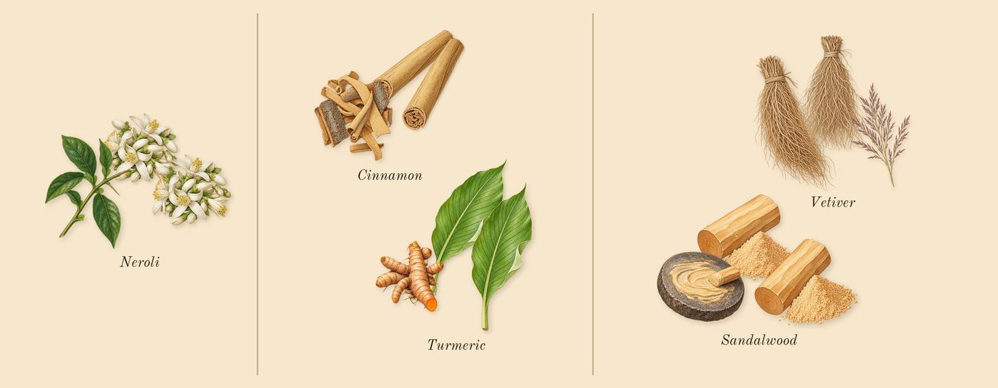 Néroli Plein Sud’s scent picture, a draft: neroli, turmeric, cinnamon, vetiver, sandalwood drawn so far; dashed outlines where nothing is drawn yet