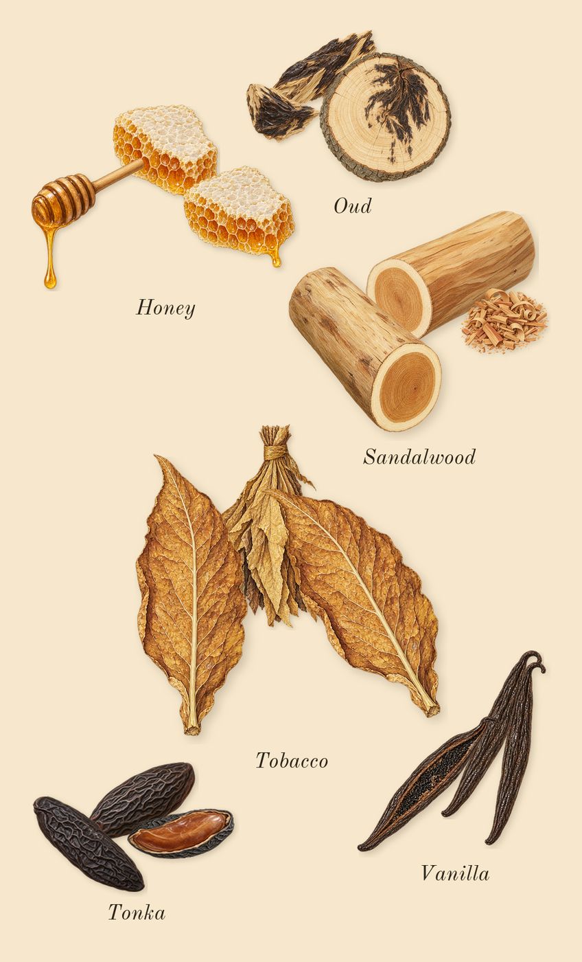 Tobacco Honey, dry-down: Tobacco, Vanilla, Tonka, Honey, Sandalwood, Oud