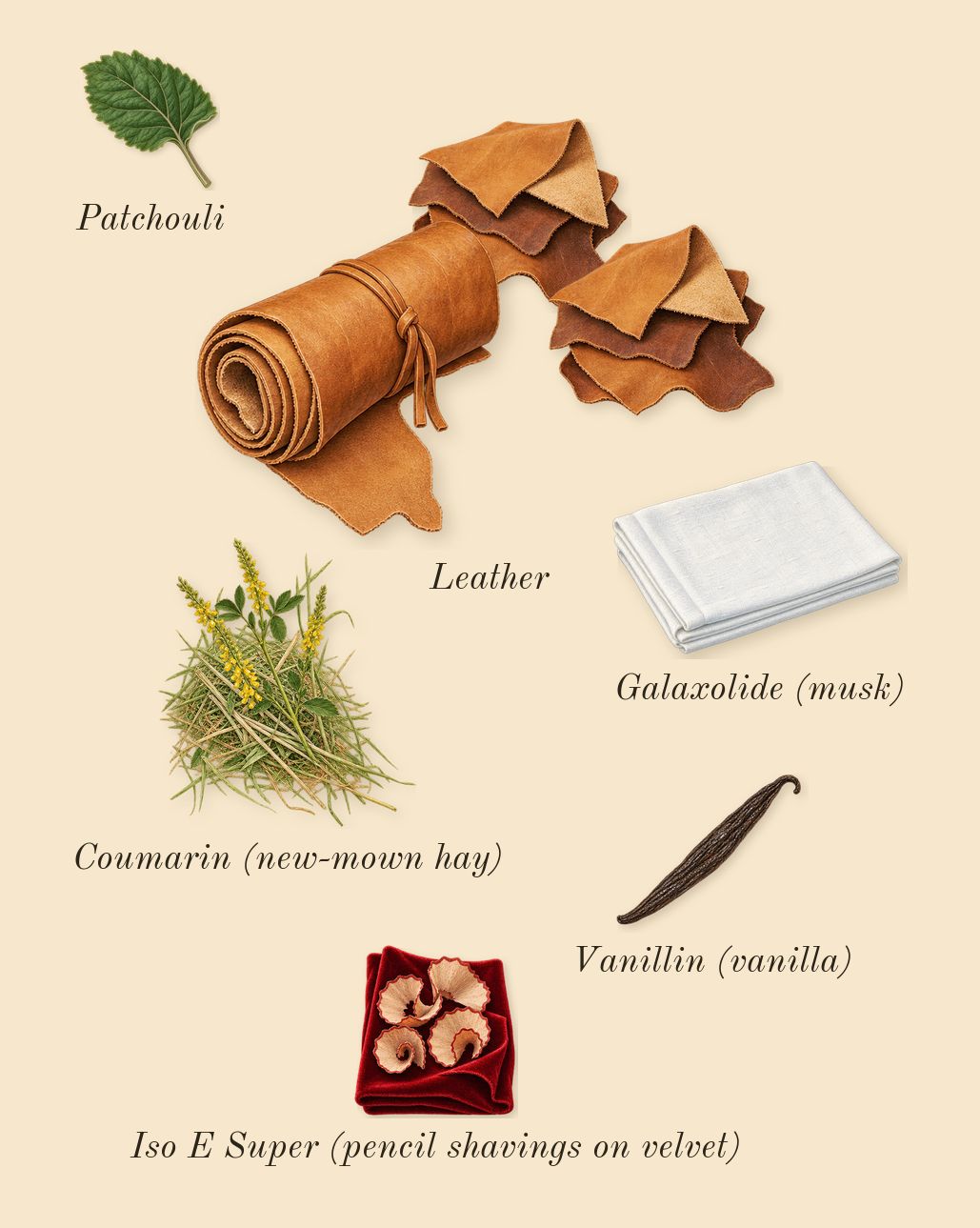 Bottled Beyond, dry-down: Leather, Patchouli, Iso E Super (pencil shavings on velvet), Galaxolide (musk), Vanillin (vanilla), Coumarin (new-mown hay)