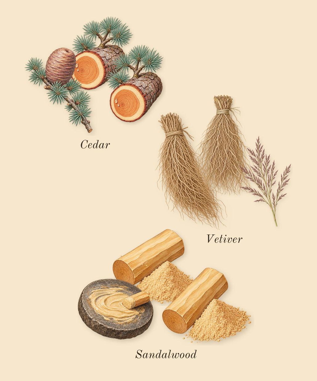 Bottled, dry-down: Sandalwood, Cedar, Vetiver