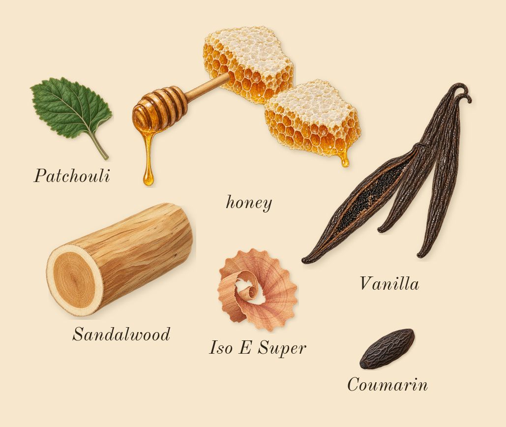 Addictive Vibration, dry-down: honey, Vanilla, Patchouli, Sandalwood, Iso E Super, Coumarin