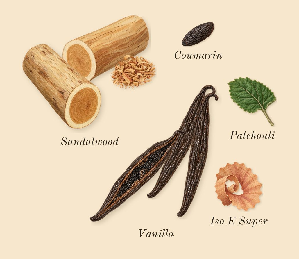 Blessed Baraka, dry-down: Sandalwood, Vanilla, Patchouli, Iso E Super, Coumarin
