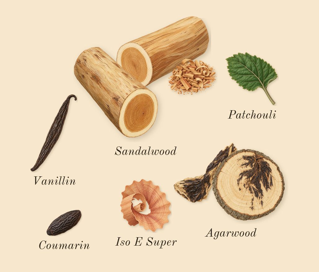 Paragon, dry-down: Sandalwood, Agarwood, Patchouli, Vanillin, Iso E Super, Coumarin