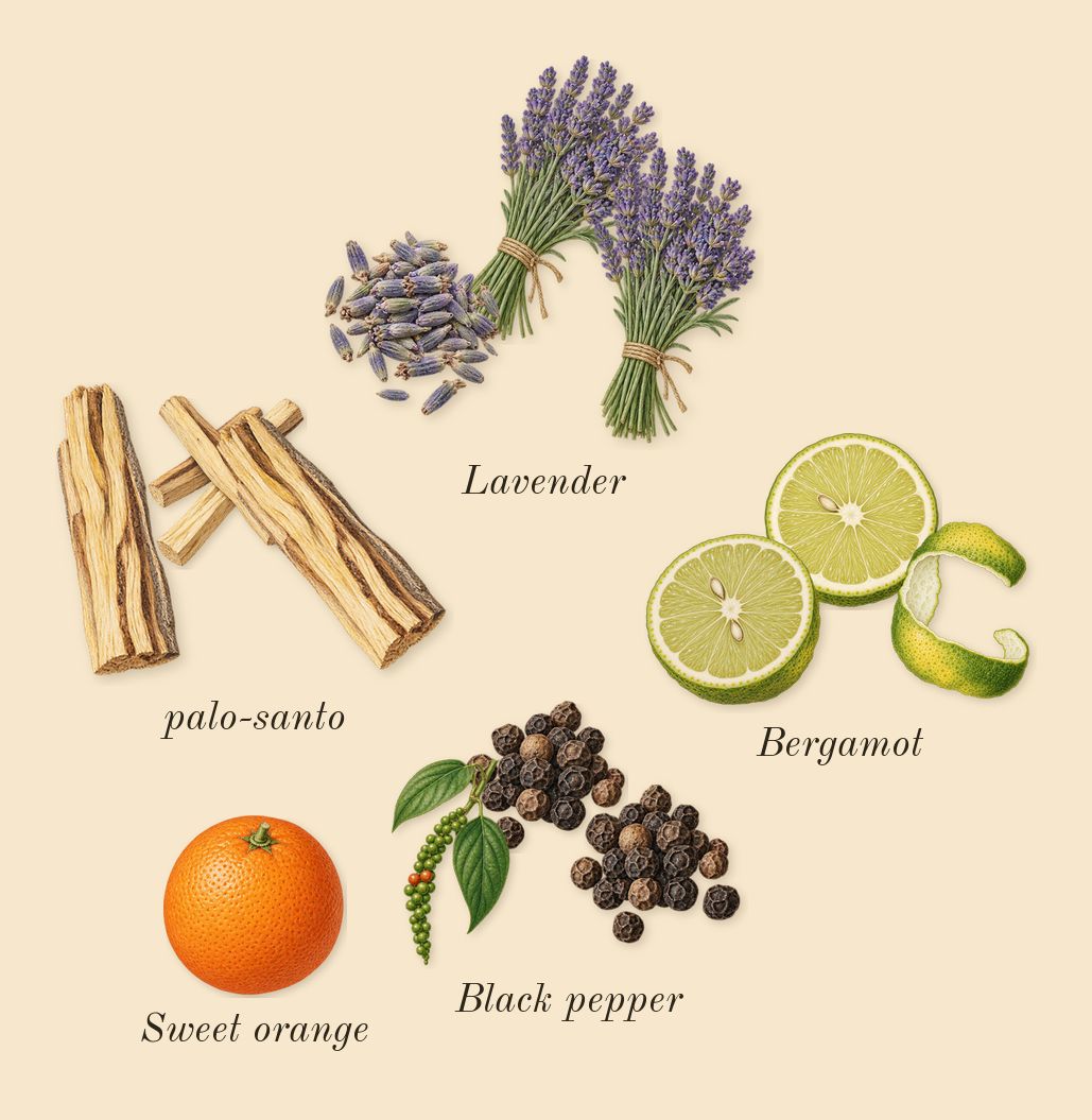 Paragon, top notes: Bergamot, Lavender, palo-santo, Black pepper, Sweet orange