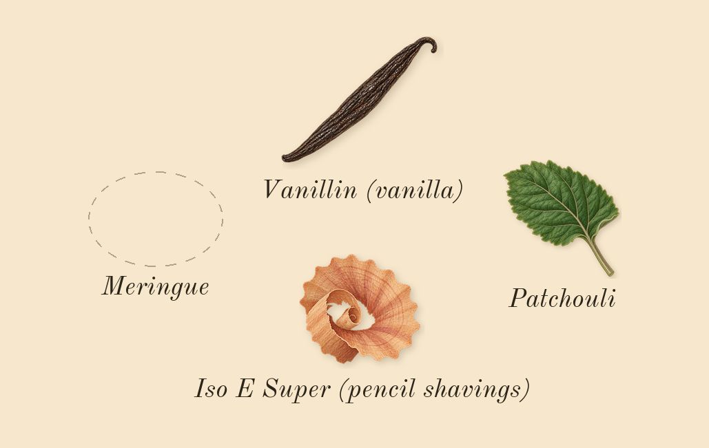 Gaultier Divine, dry-down: Meringue, Patchouli, Iso E Super (pencil shavings), Vanillin (vanilla)