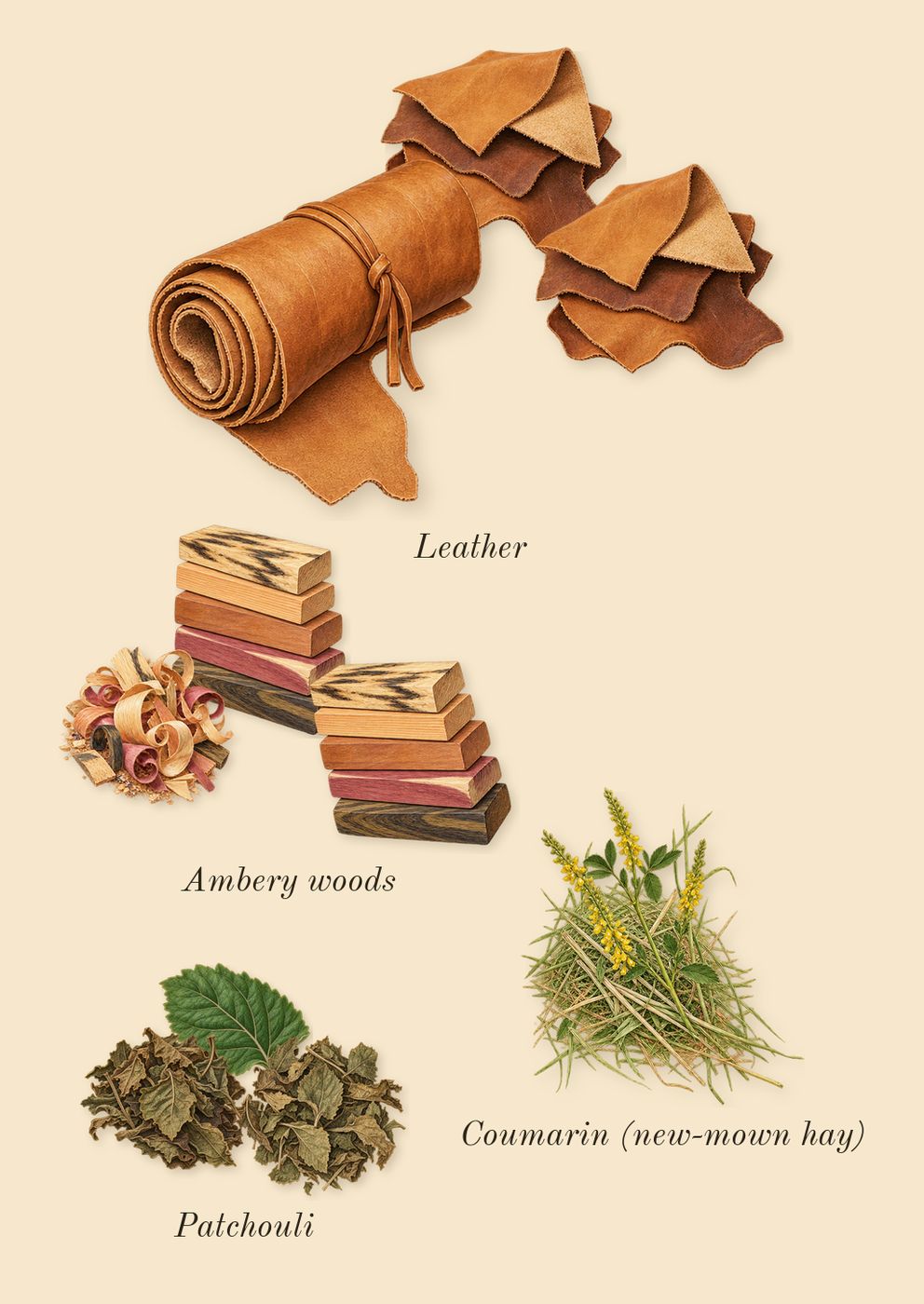 Man, dry-down: Patchouli, Leather, Ambery woods, Coumarin (new-mown hay)