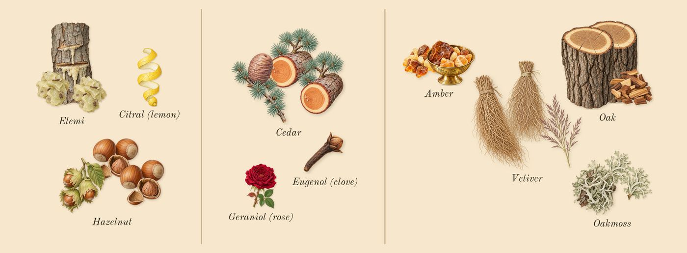 English Oak & Hazelnut Cologne’s scent picture, a draft: hazelnut, cedar, oak, vetiver, elemi, oakmoss drawn so far; dashed outlines where nothing is drawn yet