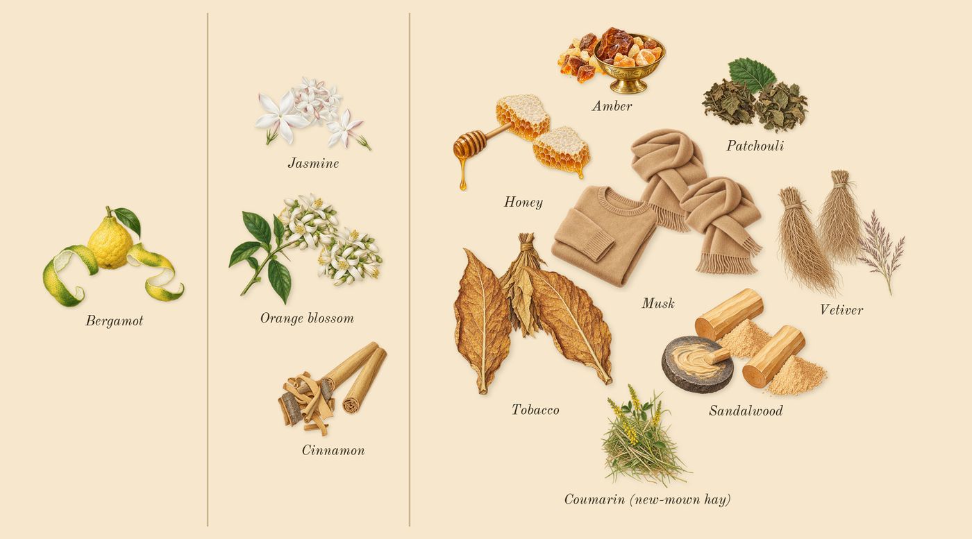 Homme’s scent picture, a draft: bergamot, cinnamon, orange blossom, jasmine, sandalwood, vetiver drawn so far; dashed outlines where nothing is drawn yet