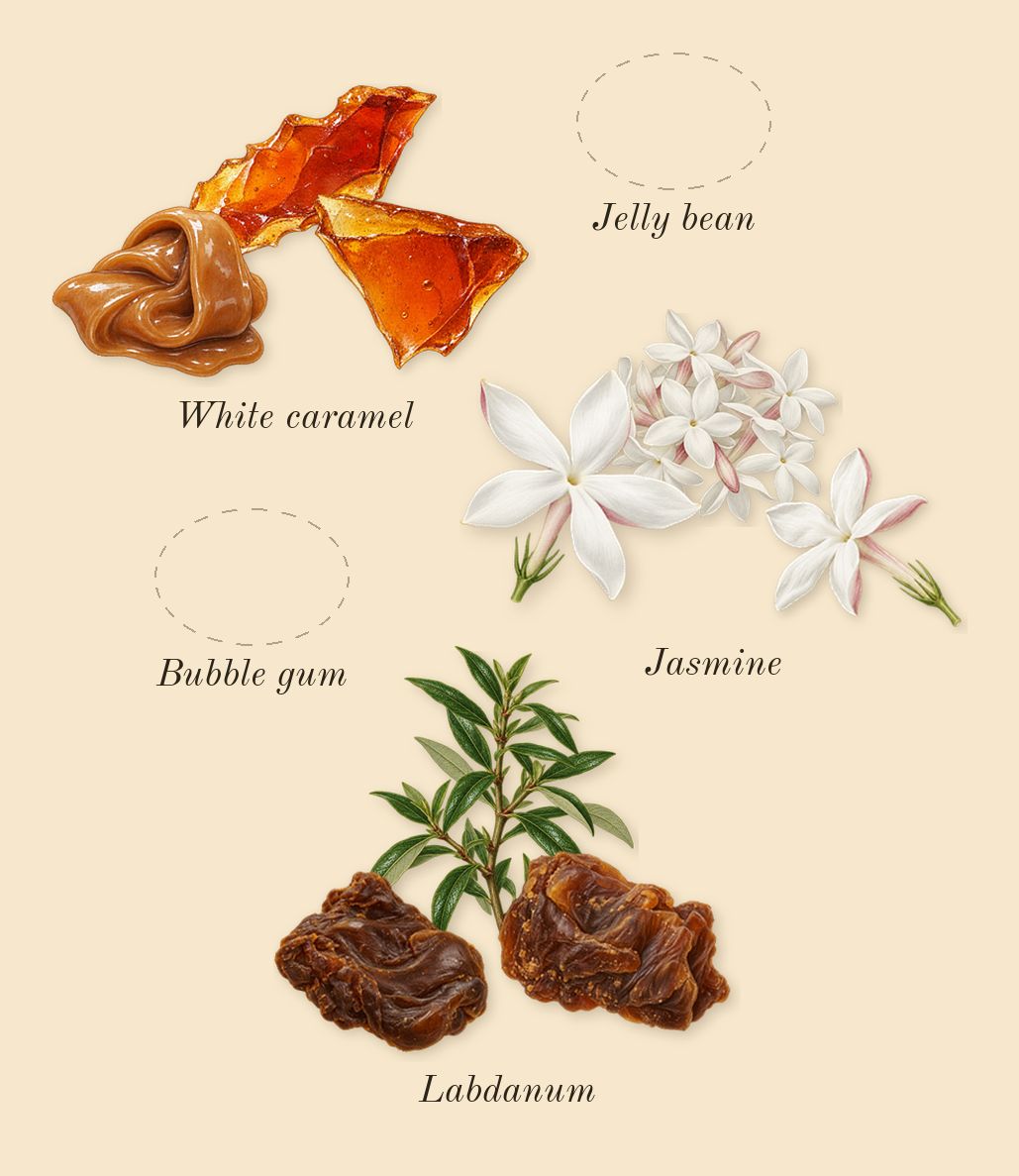 Vanilla Candy Rock Sugar 42, heart: Bubble gum, Jelly bean, White caramel, Labdanum, Jasmine