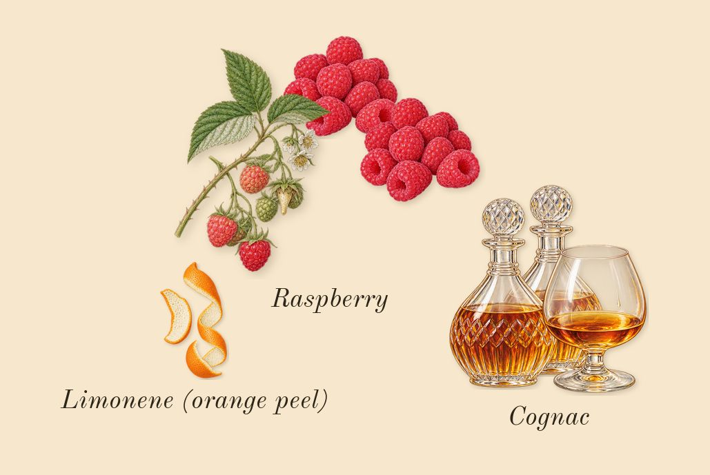 Angels' Share Paradis, top notes: Raspberry, Cognac, Limonene (orange peel)