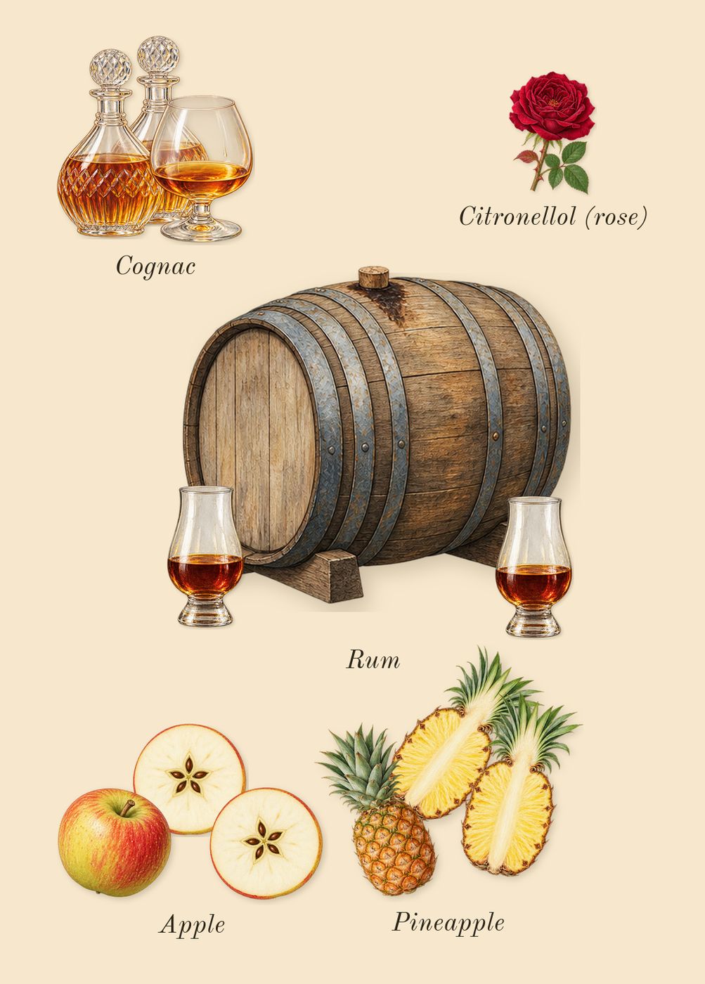 Apple Brandy on the Rocks, heart: Apple, Cognac, Pineapple, Rum, Citronellol (rose)