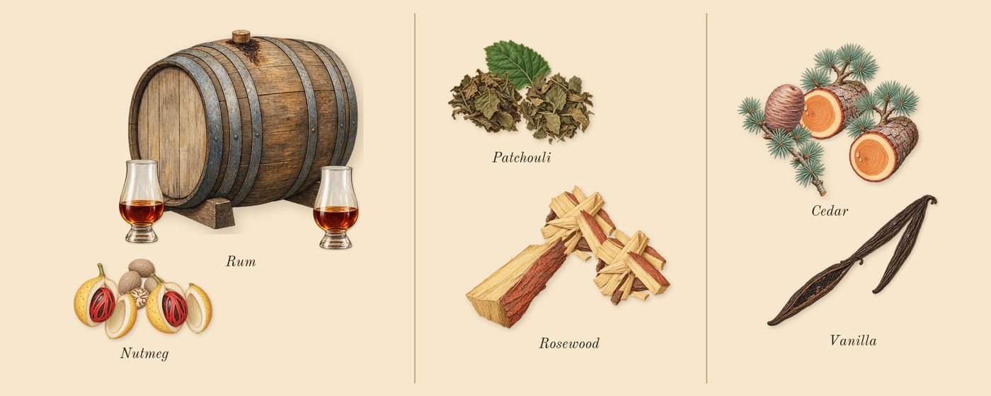 Straight to Heaven’s scent picture, a draft: rum, nutmeg, patchouli, vanilla, cedar, rosewood drawn so far; dashed outlines where nothing is drawn yet