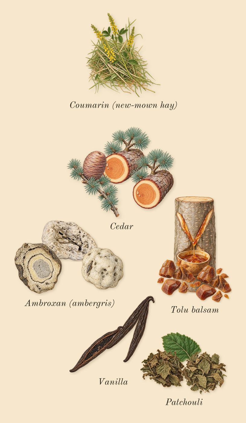 White in Black, dry-down: Cedar, Patchouli, Tolu balsam, Ambroxan (ambergris), Vanilla, Coumarin (new-mown hay)