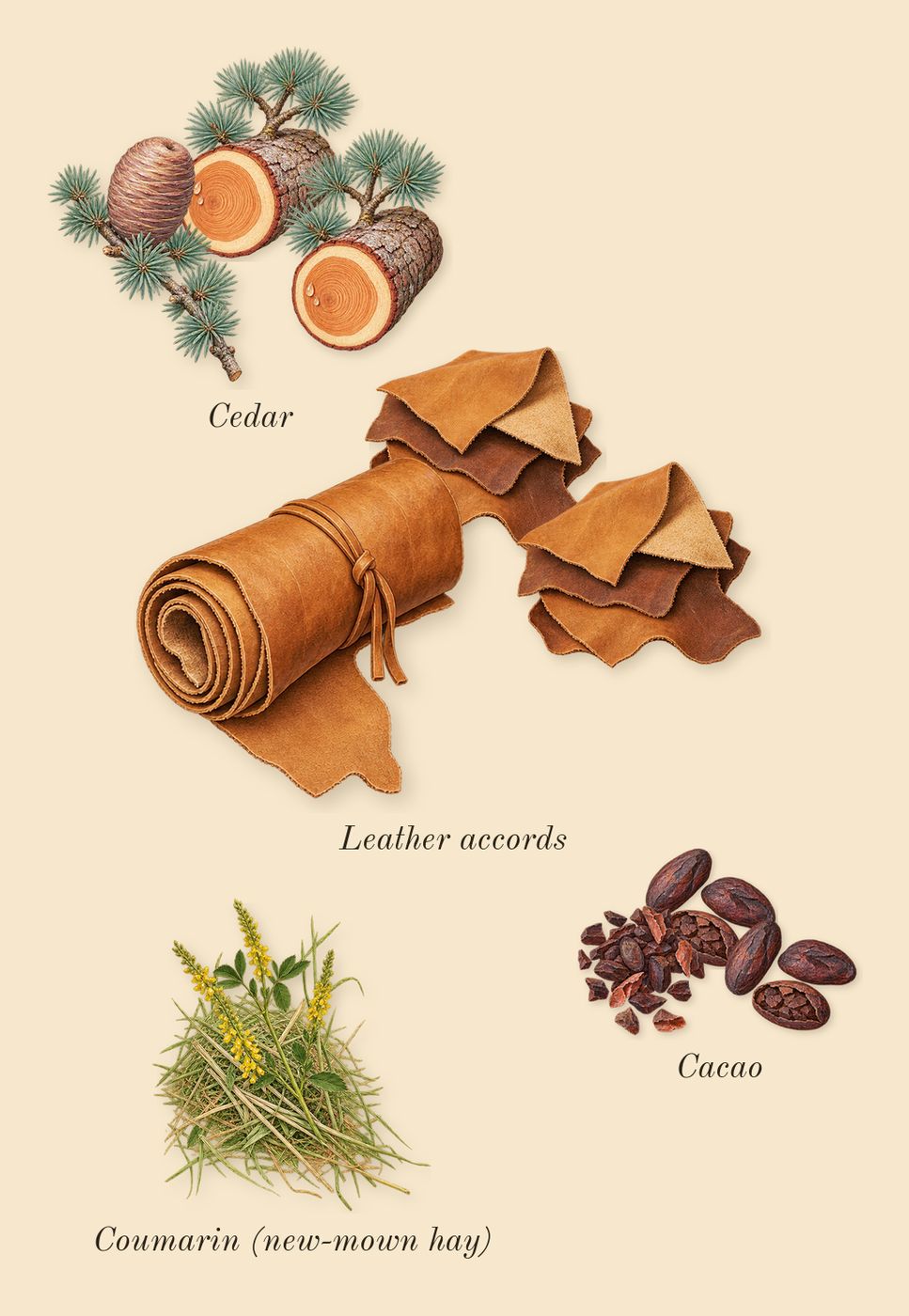 La Vie Est Belle L'Elixir, dry-down: Cacao, Leather accords, Cedar, Coumarin (new-mown hay)