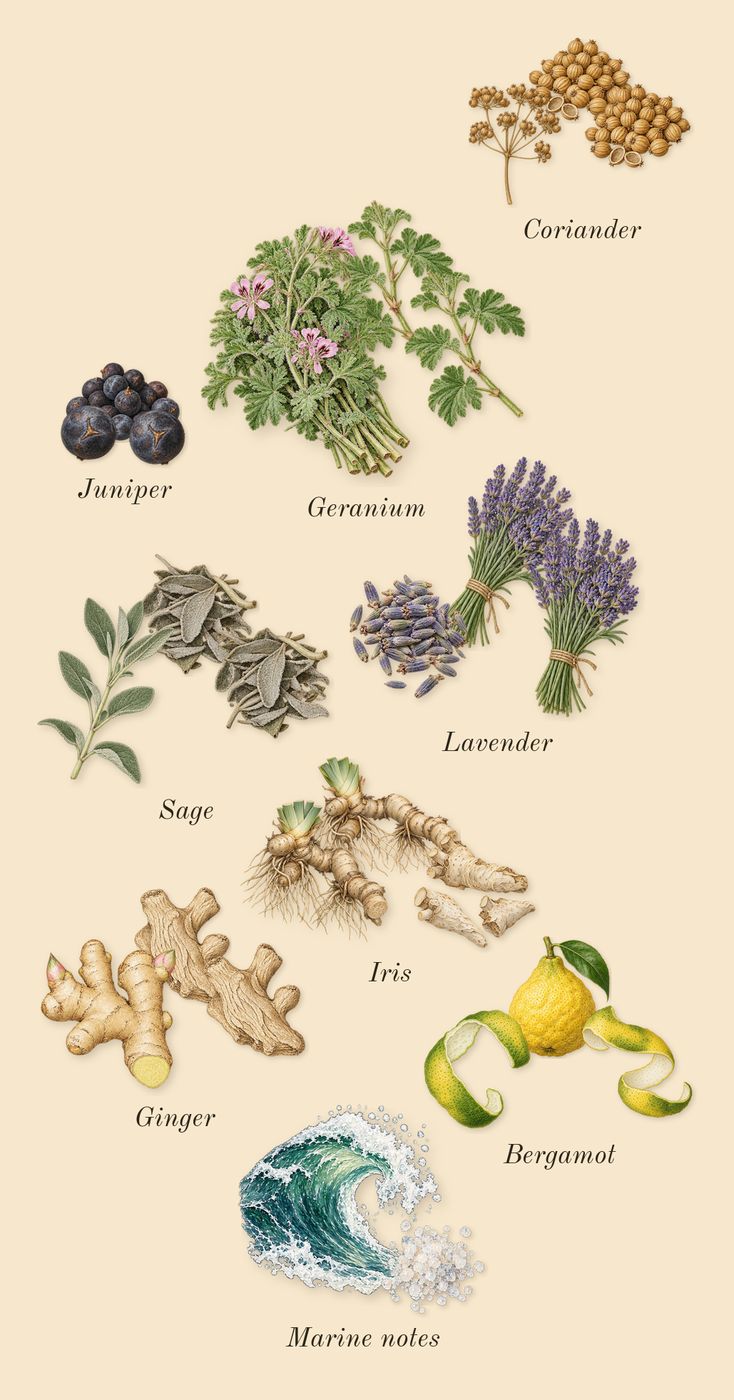Fakhar Black, top notes: Bergamot, Iris, Marine notes, Ginger, Lavender, Sage, Juniper, Geranium, Coriander