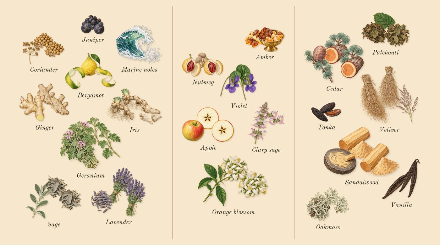 Fakhar Black’s scent picture, a draft: bergamot, iris, marine notes, violet, amber, oakmoss drawn so far; dashed outlines where nothing is drawn yet