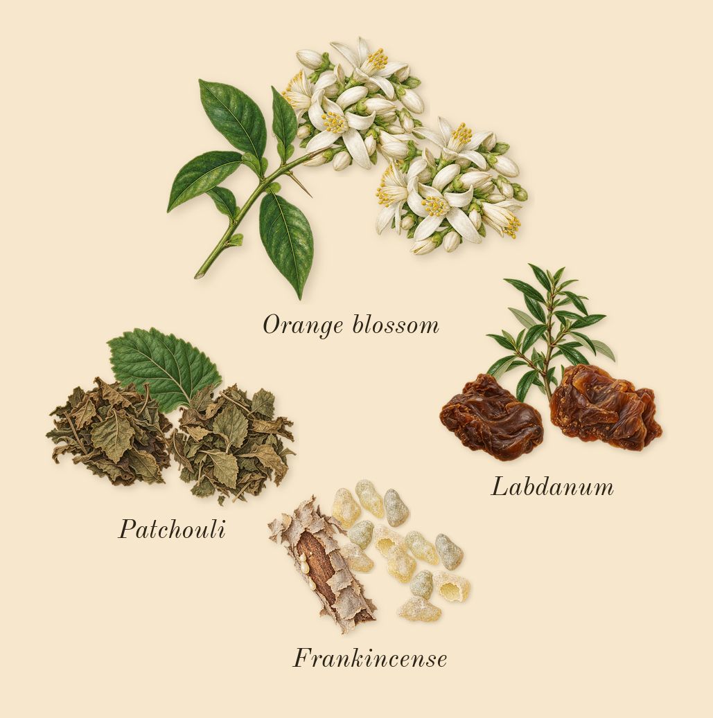 Khamrah Dukhan, heart: Frankincense, Labdanum, Orange blossom, Patchouli