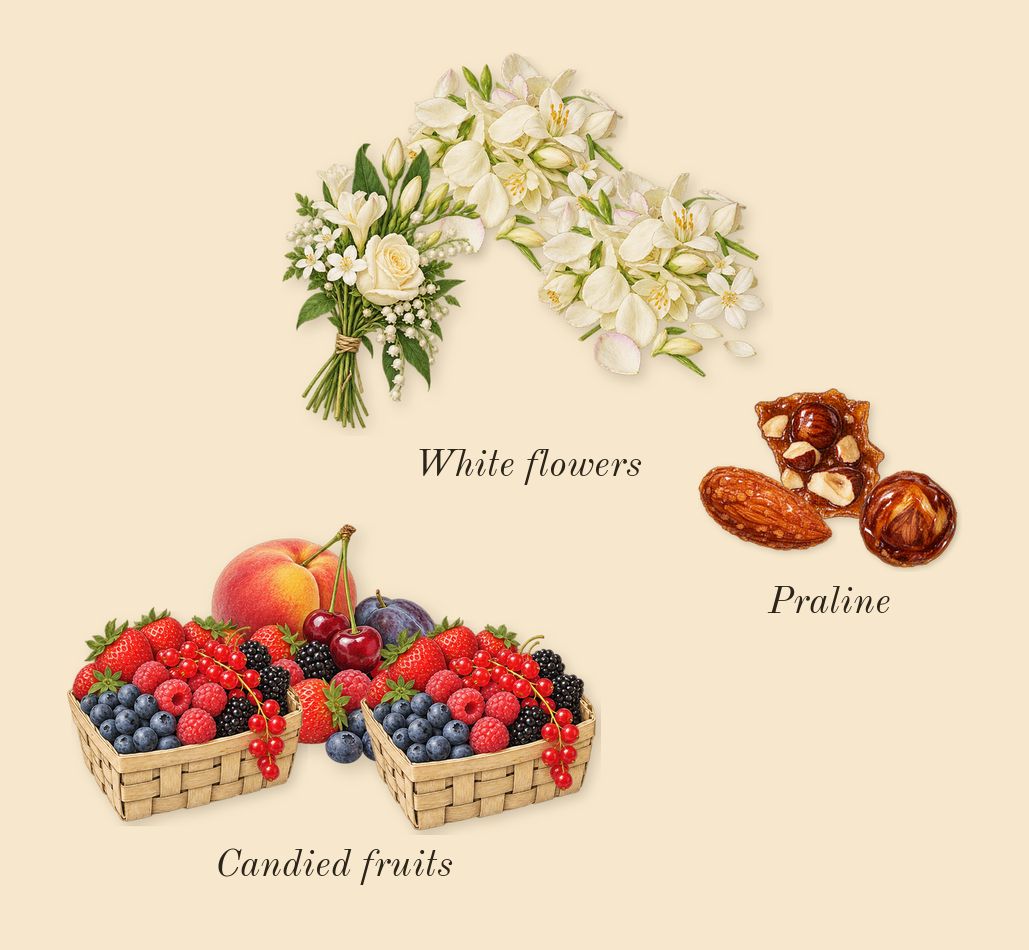 Khamrah Qahwa, heart: Praline, Candied fruits, White flowers