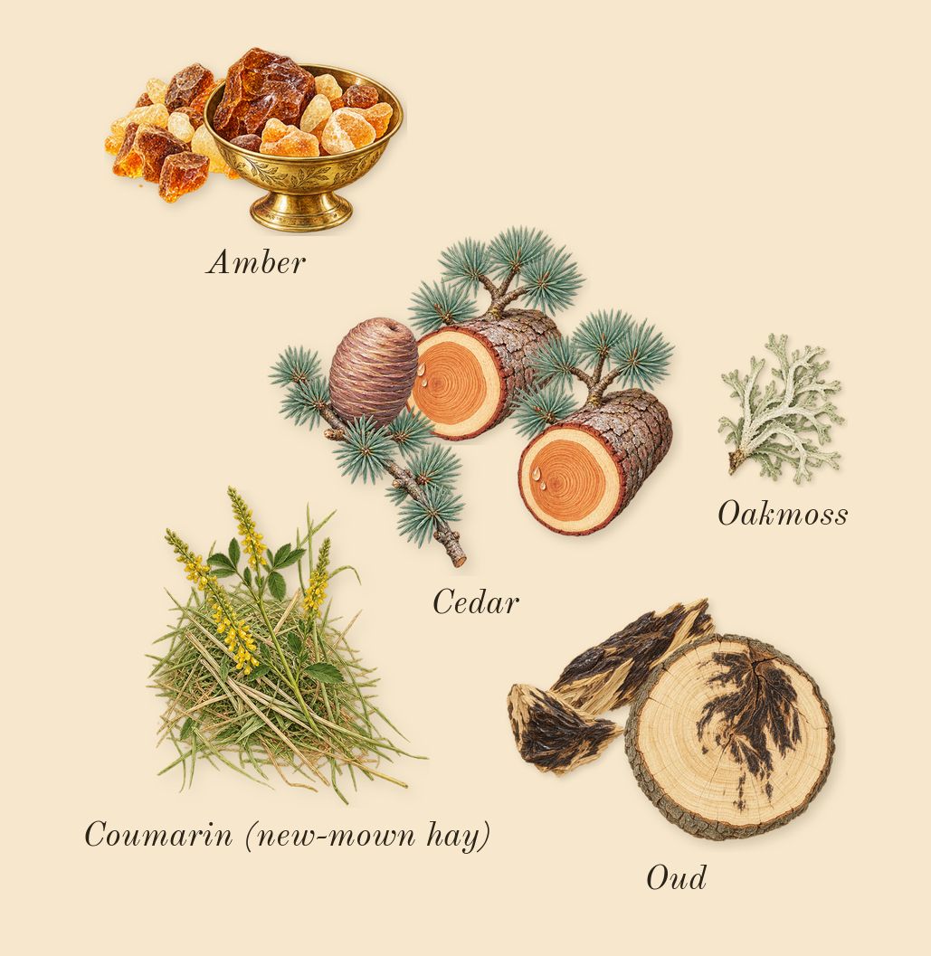Qaed Al Fursan, dry-down: Oud, Cedar, Amber, Oakmoss, Coumarin (new-mown hay)