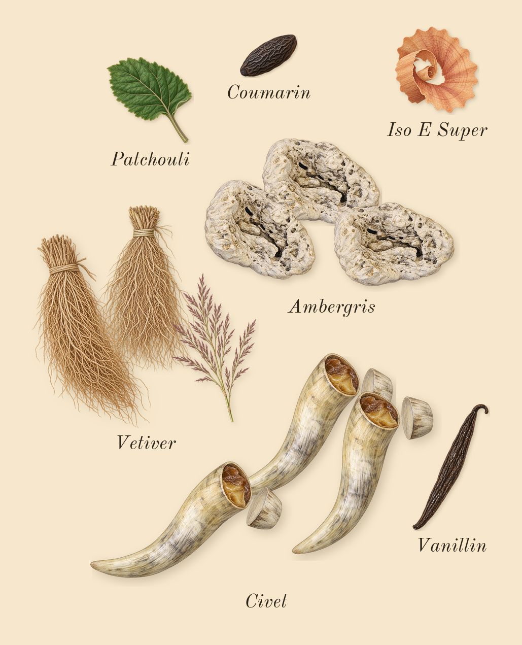 Musc 25, dry-down: Vetiver, Ambergris, Civet, Patchouli, Coumarin, Vanillin, Iso E Super