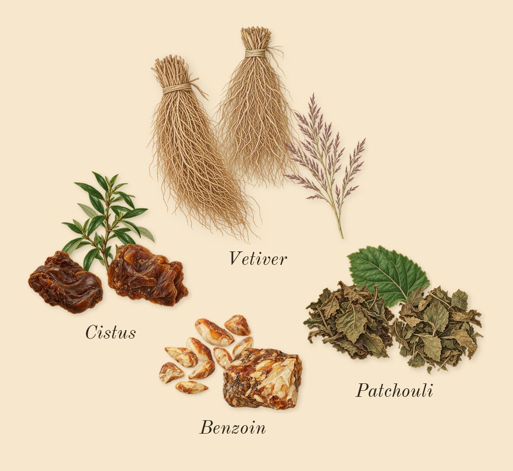Lineage, dry-down: Vetiver, Patchouli, Benzoin, Cistus
