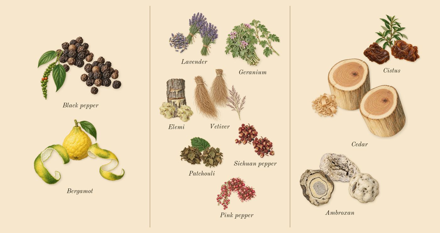 Salvo’s scent picture, a draft: bergamot, black pepper, sichuan pepper, lavender, pink pepper, vetiver drawn so far; dashed outlines where nothing is drawn yet