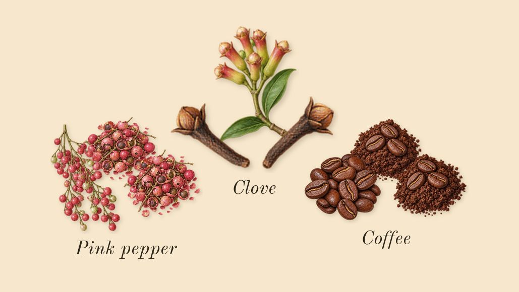 Smoked Oud & Vanilla, top notes: Pink pepper, Clove, Coffee