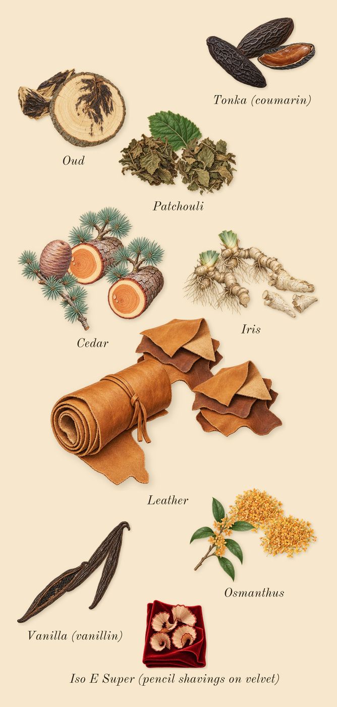 Cuir Infrarouge, dry-down: Cedar, Iris, Osmanthus, Leather, Oud, Patchouli, Vanilla (vanillin), Tonka (coumarin), Iso E Super (pencil shavings on velvet)
