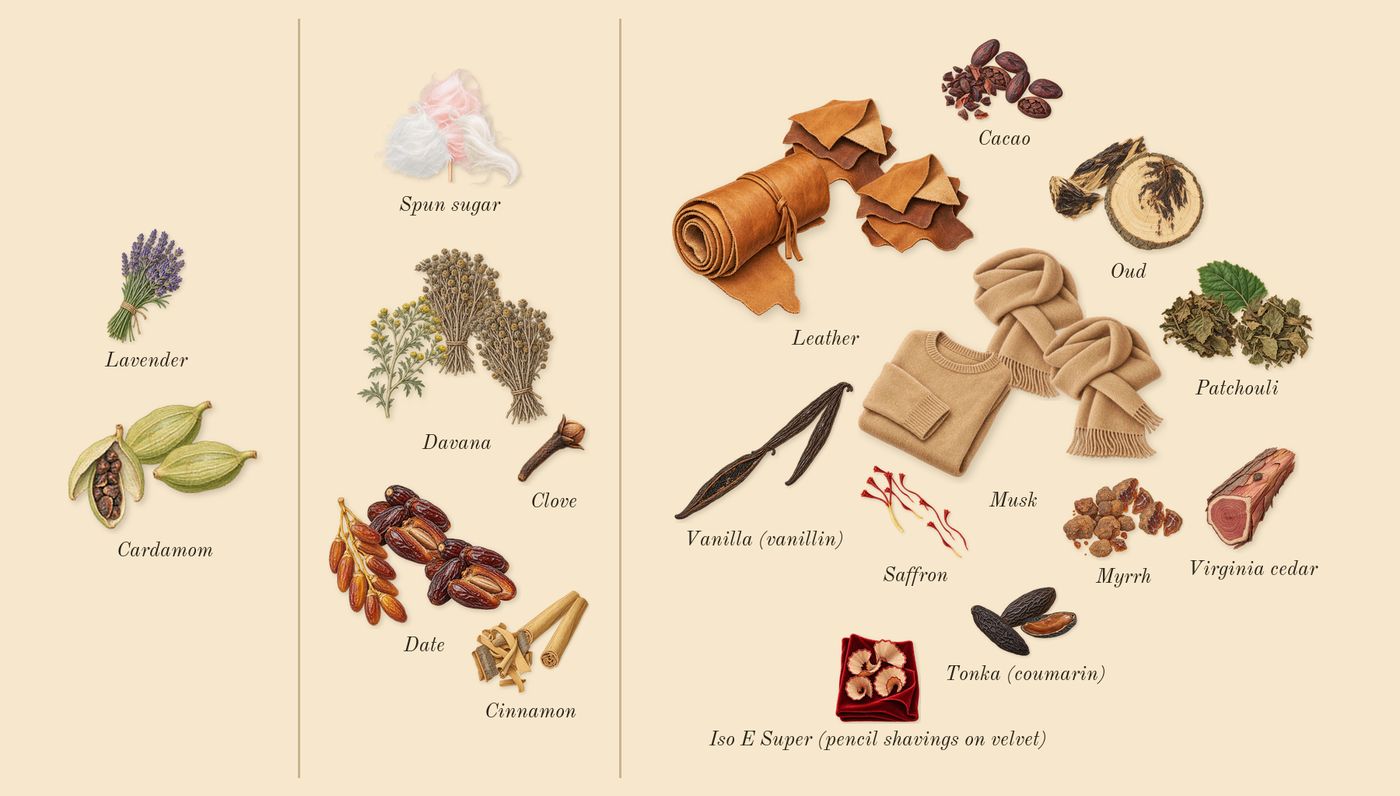 Oud Cadenza’s scent picture, a draft: cardamom, cinnamon, saffron, oud, davana, cacao drawn so far; dashed outlines where nothing is drawn yet