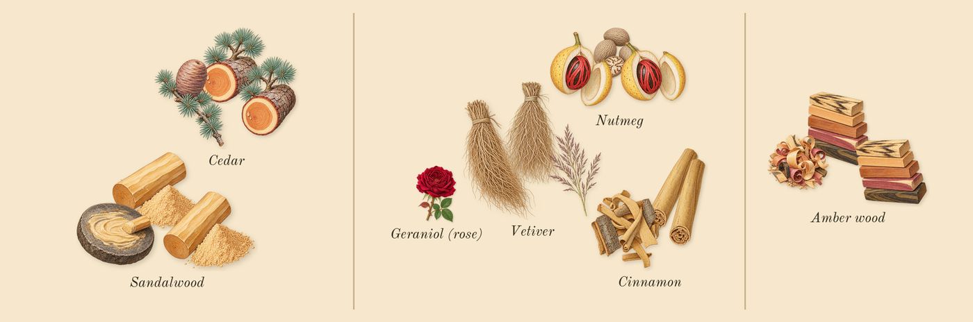 No.04 Bois de Balincourt’s scent picture, a draft: sandalwood, cedar, vetiver, nutmeg, cinnamon, amber wood drawn so far; dashed outlines where nothing is drawn yet