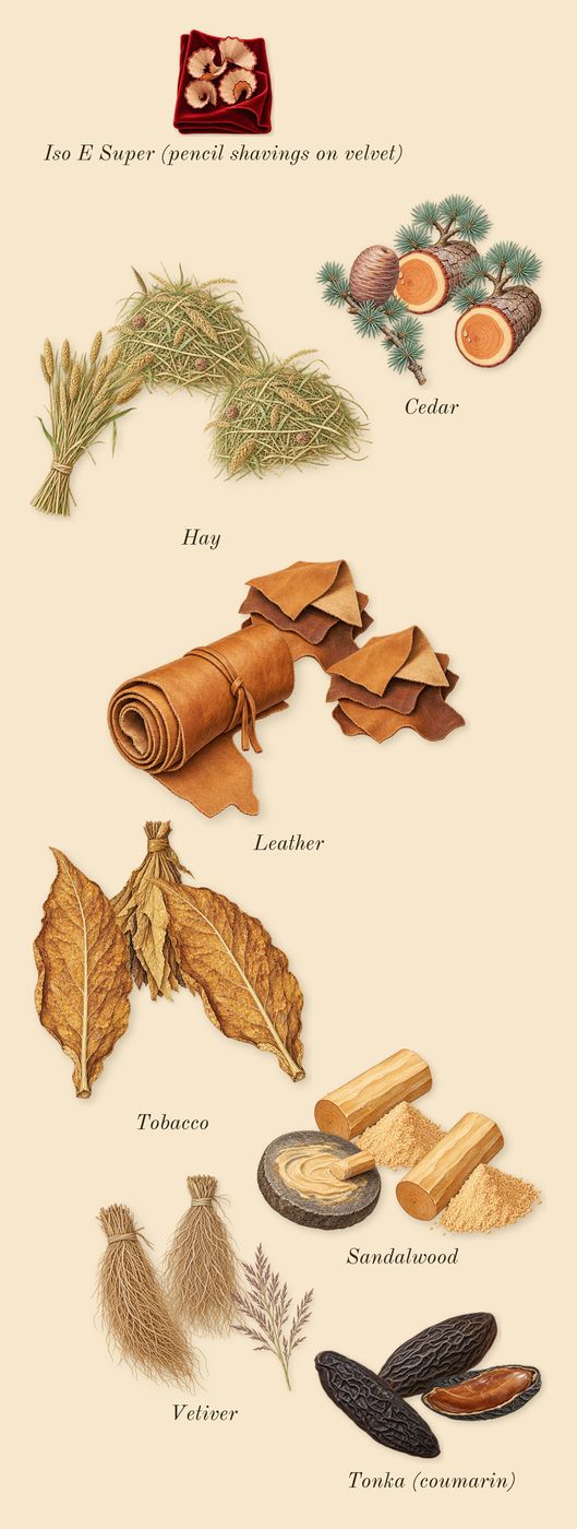 Encelade, dry-down: Cedar, Vetiver, Leather, Tonka (coumarin), Sandalwood, Hay, Tobacco, Iso E Super (pencil shavings on velvet)