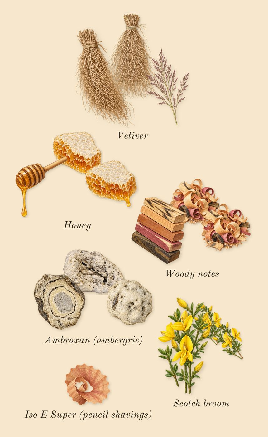 Tilia, dry-down: Scotch broom, Vetiver, Woody notes, Ambroxan (ambergris), Honey, Iso E Super (pencil shavings)