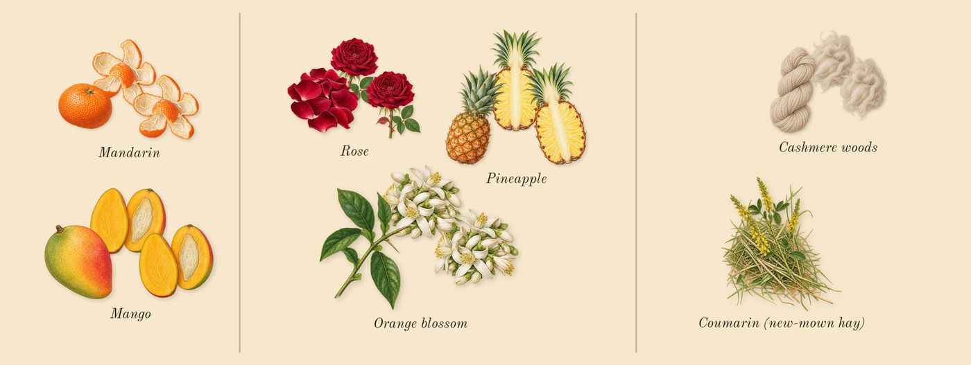 Daisy Ever So Fresh’s scent picture, a draft: mango, rose, cashmere woods, mandarin, pineapple, orange blossom drawn so far; dashed outlines where nothing is drawn yet