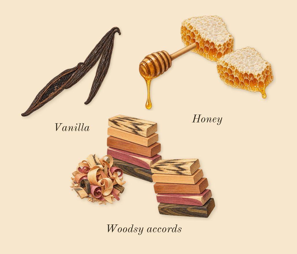 Honey, dry-down: Honey, Vanilla, Woodsy accords