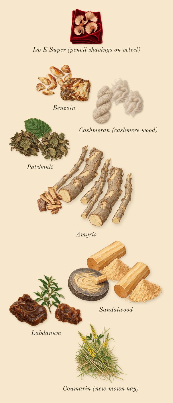 Cap Camarat, dry-down: Sandalwood, Benzoin, Amyris, Patchouli, Labdanum, Cashmeran (cashmere wood), Iso E Super (pencil shavings on velvet), Coumarin (new-mown hay)