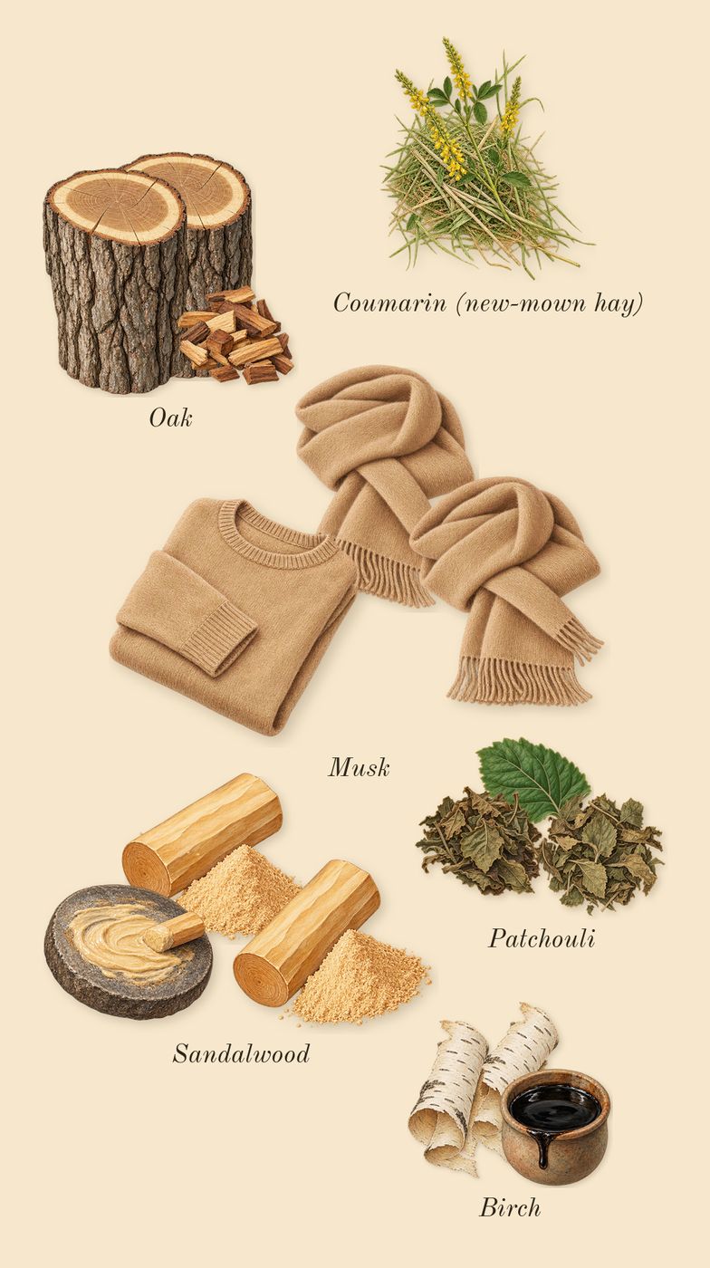 Parfum Pour Homme, dry-down: Oak, Sandalwood, Birch, Patchouli, Musk, Coumarin (new-mown hay)